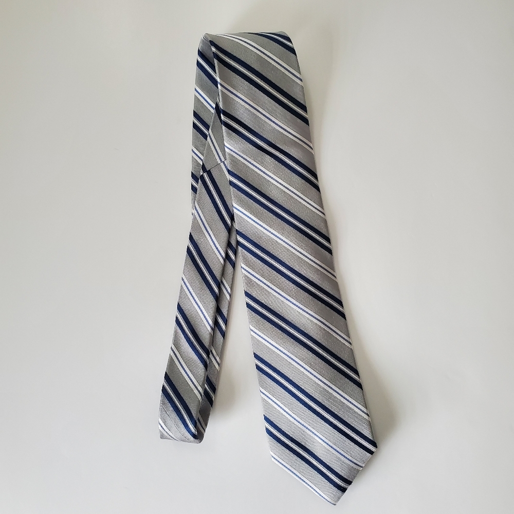 Men's Silk Tie Silver Grey Blue Striped Quality Handmade Woven Fabric Careerwear